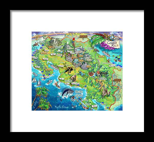 Costa Rica Framed Print featuring the painting Costa Rica map illustration by Maria Rabinky