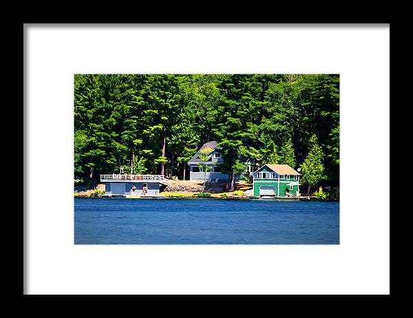 Cottage Framed Print featuring the photograph Cottage and two boathouses by Les Palenik