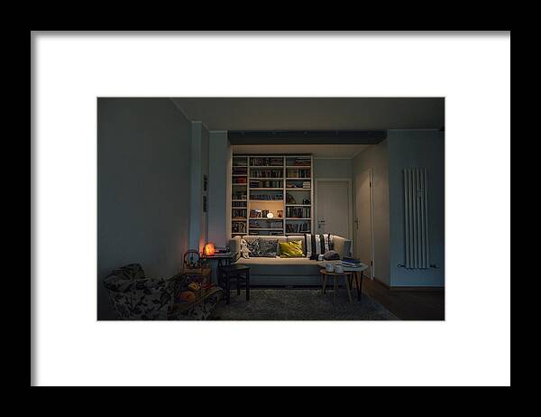 Atmosphere Framed Print featuring the photograph Couch in cozy living room by Westend61