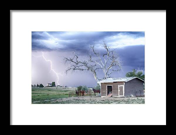 Country Framed Print featuring the photograph Country Horses Lightning Storm CO  by James BO Insogna