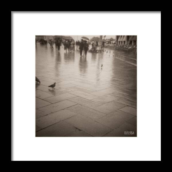 Sepia Framed Print featuring the photograph Couple Walking in the Rain San Marco by Beverly Brown