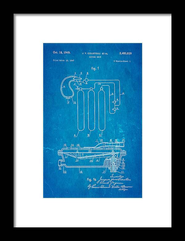 Famous Framed Print featuring the photograph Cousteau Diving Unit Patent Art 1949 Blueprint by Ian Monk