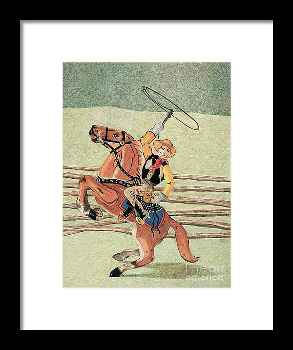 Toy Framed Print featuring the drawing Cowboy Windup by Glenda Zuckerman