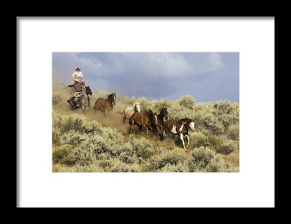 Feb0514 Framed Print featuring the photograph Cowboys Herding Horses Through Sagebrush by Konrad Wothe