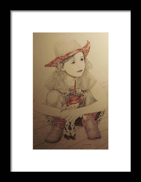 Child Framed Print featuring the drawing Cowgirl by Tony Ruggiero