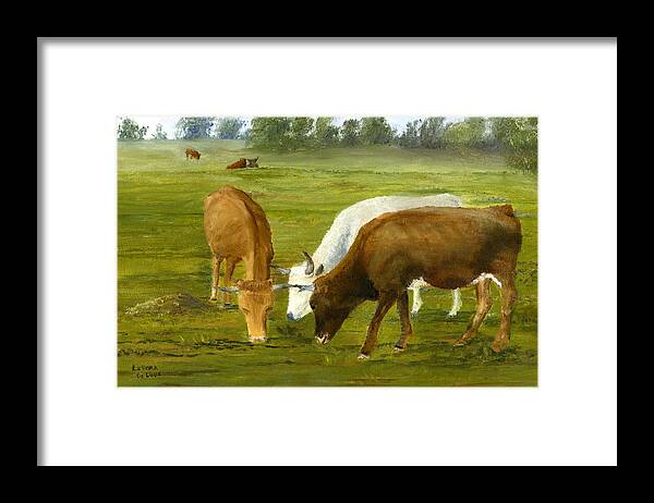Cows Framed Print featuring the painting Cows Gossip Session in Louisiana Pasture by Lenora De Lude