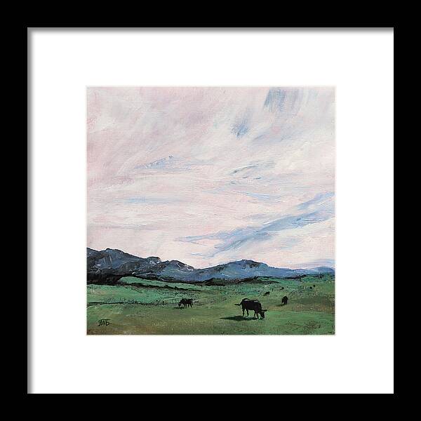 Meadow Framed Print featuring the painting Cows In the Meadow by Masha Batkova