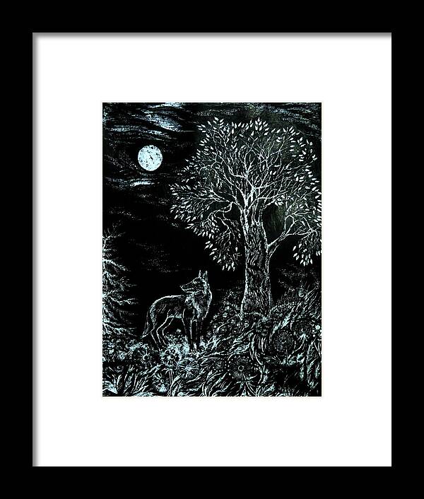 Black And White Framed Print featuring the drawing Coyote Night by Anna Duyunova