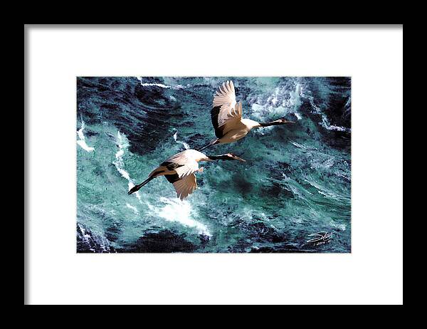 Birds Framed Print featuring the painting Cranes Over the Sea of Japan by M Spadecaller
