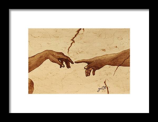 Creation Of Adam Framed Print featuring the painting Creation of Adam Hands a Study coffee painting by Georgeta Blanaru
