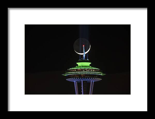 Space Needle Framed Print featuring the photograph Crescent and Space Needle by Yoshiki Nakamura