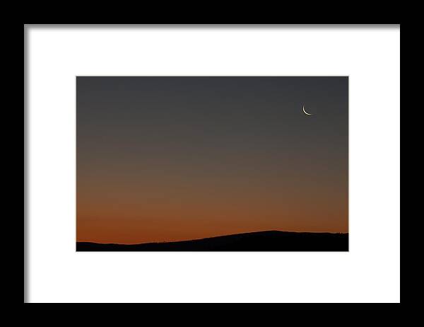 Moon Framed Print featuring the photograph Crescent Moon at Sunrise by Laura Tucker