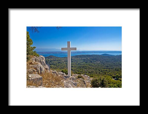 Nature Framed Print featuring the photograph Cross overlooking islands of Croatia by Brch Photography