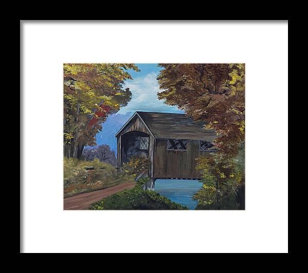 Serene Framed Print featuring the painting Crossing the Covered Bridge by Donna Mann