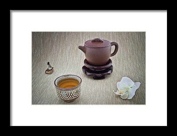 Chinese Culture Framed Print featuring the photograph Cup Of Tea, Teapot, Orchid And Small Owl by Maria Melnikova Photography