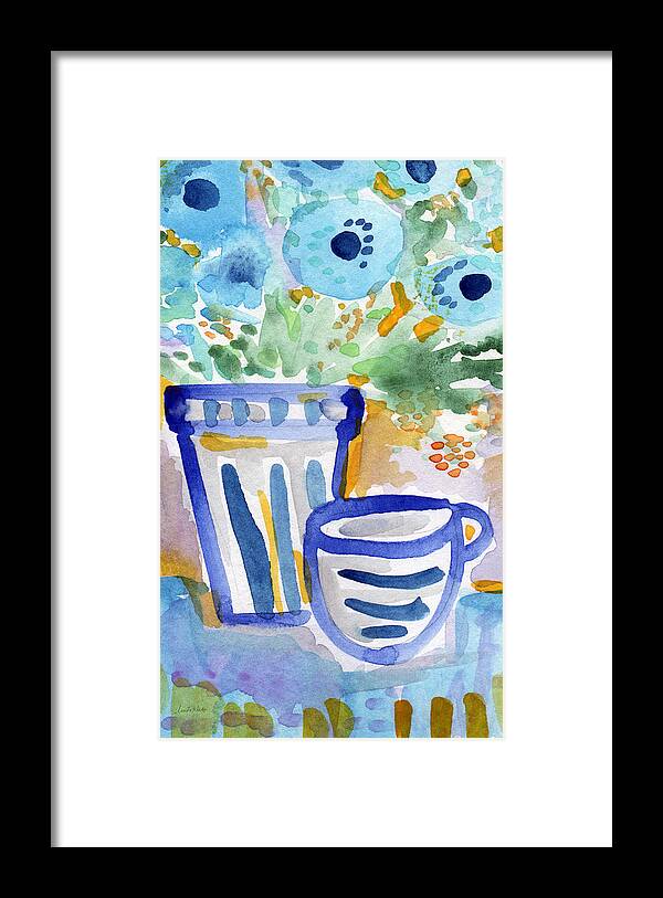 Blue And White Framed Print featuring the painting Cups and Flowers- watercolor floral painting by Linda Woods