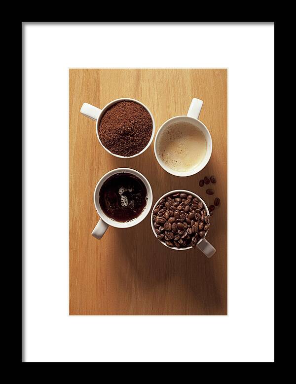 Shadow Framed Print featuring the photograph Cups Of Coffee And Coffee Beans by Larry Washburn