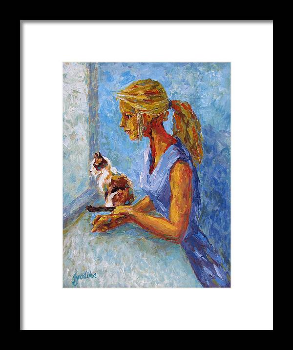 Girl And Cat Framed Print featuring the painting Curiosity by Jyotika Shroff
