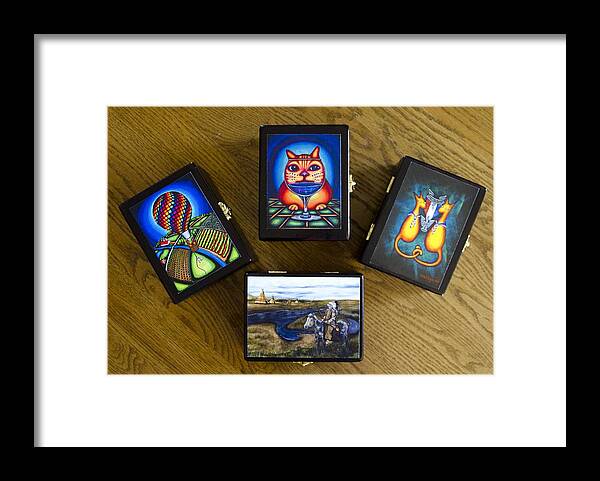 Boxes Framed Print featuring the mixed media Custom Made Lacquered Wood Card Boxes by Laurie Tietjen