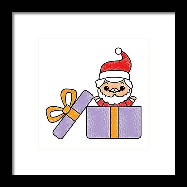 Cute Santa Claus In Giftbox Kawaii Character Framed Print