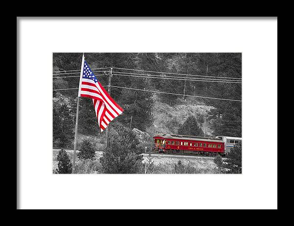 Cyrus K. Holliday Private Rail Car Framed Print featuring the photograph Cyrus K. Holliday Rail Car and USA Flag BWSC by James BO Insogna