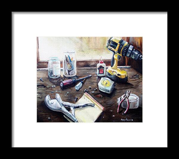 Tool Framed Print featuring the painting Dad's Bench by Shana Rowe Jackson
