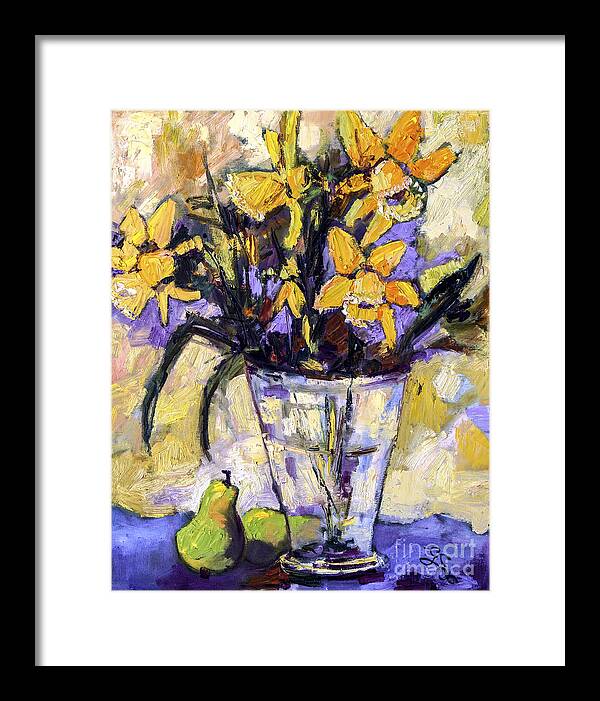 Daffodils Framed Print featuring the painting Daffodils and Pears Still Life by Ginette Callaway