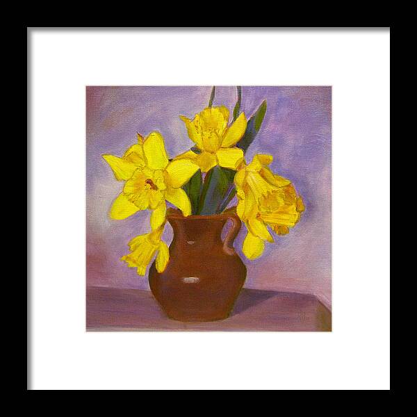 Daffodils Framed Print featuring the painting Yellow Daffodils on Purple by Robie Benve