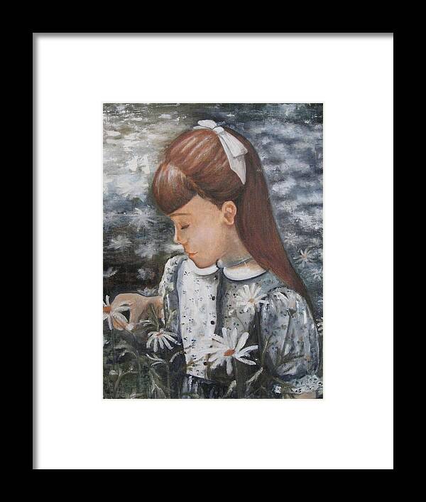 Little Girl And Flowers. Framed Print featuring the painting Daisey Girl by Lucille Valentino
