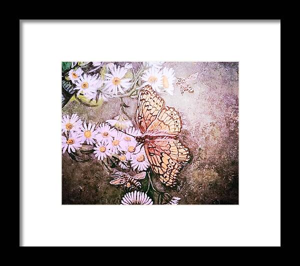 Nature Scene Message Of Hope And Cooperation Yellow Golden Butterfly Resting On Black And White Daisies With Yellow Buttons Yellow Golden Bees Flying Around Daisies Deep Gray And Black Textured Background Framed Print featuring the painting Dance with the Daisies in Arizona by Kimberlee Baxter