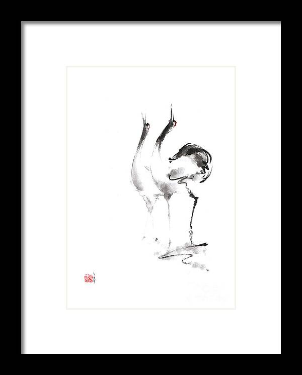 Japanese Cranes Framed Print featuring the painting Dancing cranes japanese artwork by Mariusz Szmerdt