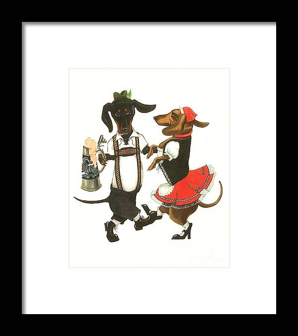 Painting Framed Print featuring the painting Dancing Dachshunds by Margaryta Yermolayeva
