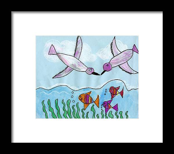 Birds Framed Print featuring the drawing Dancing Fishes with Seagull by Jiya Desai 1st grade by California Coastal Commission