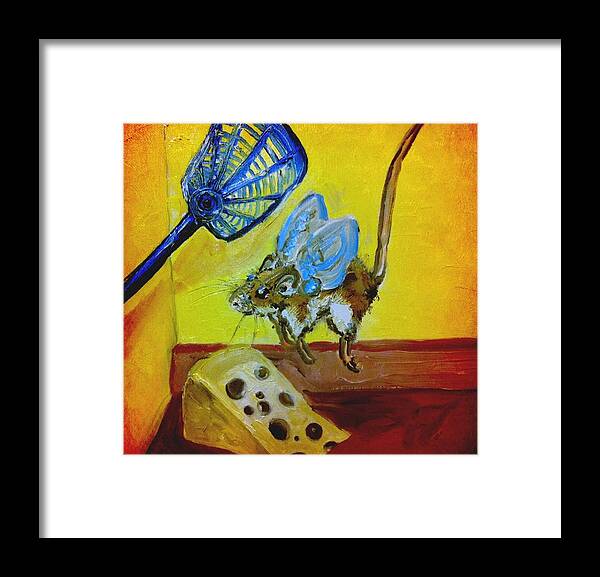 Surrealism Framed Print featuring the painting Darn Mouse Flies on Swiss by Alexandria Weaselwise Busen