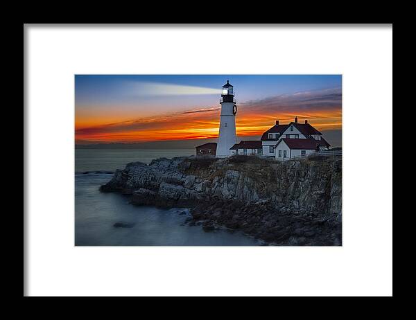 Portland Framed Print featuring the photograph Dawn At Portalnd Head Light by Susan Candelario