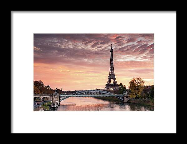 Dawn Framed Print featuring the photograph Dawn Over Eiffel Tower And Seine by Matteo Colombo