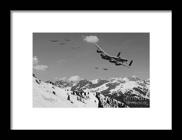 Lancaster Bomber Framed Print featuring the digital art Daylight Raid mono by Airpower Art