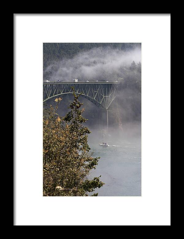 Deception Pass Bridge Framed Print featuring the photograph Deception Pass Bridge Fog by Tony Locke