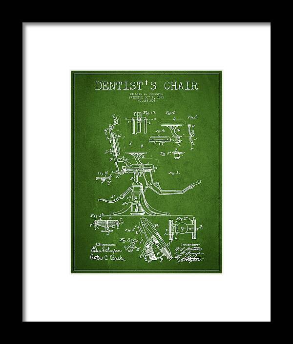 Dentist Framed Print featuring the digital art Dentist Chair Patent drawing from 1892 - Green by Aged Pixel