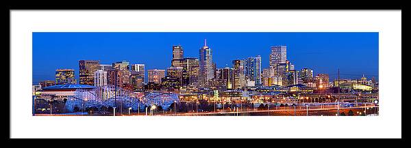 Denver Skyline Framed Print featuring the photograph Denver Skyline at Dusk Evening Color Evening Extra Wide Panorama Broncos by Jon Holiday