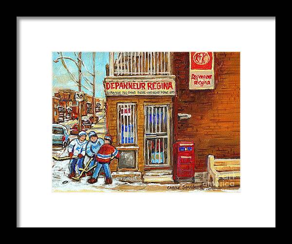 Depanneur Regina Framed Print featuring the painting Depanneur Regina Verdun Winter Street Scene Hockey Paintings South West Montreal Stores Hockey Art by Carole Spandau