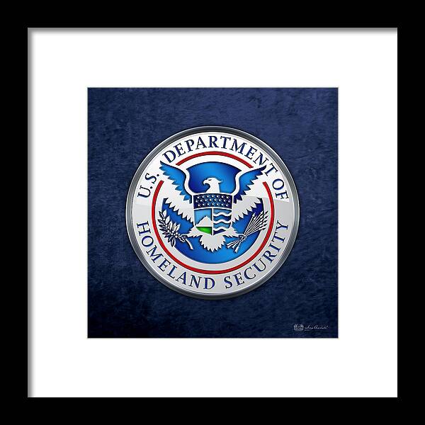 'military Insignia & Heraldry 3d' Collection By Serge Averbukh Framed Print featuring the digital art Department of Homeland Security - D H S Emblem on Blue Velvet by Serge Averbukh