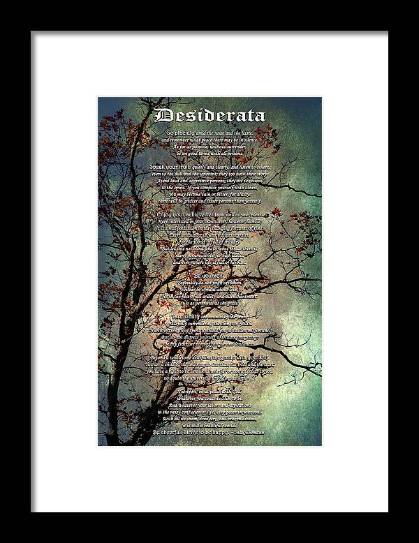 Desiderata Framed Print featuring the mixed media Desiderata Inspiration Over Old Textured Tree by Christina Rollo