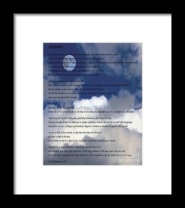 Desiderata Framed Print featuring the photograph Desiderata on Sky Scene with Full Moon and Clouds by Barbara A Griffin