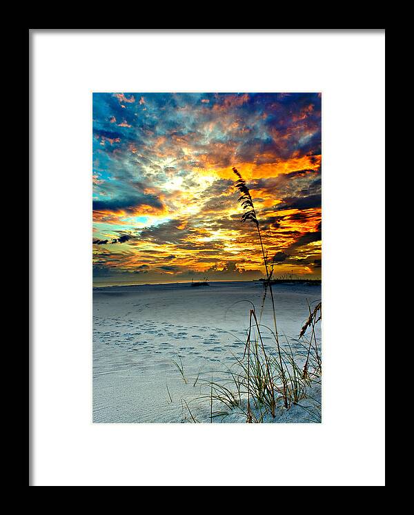 Fiery-red-sunset Framed Print featuring the photograph Destin Florida White Sand Landscape-Fiery Red Sky Sunset by Eszra Tanner