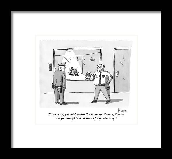 Police Interrogations Framed Print featuring the drawing Detective To Police Officer While Stabbed Victim by Zachary Kanin