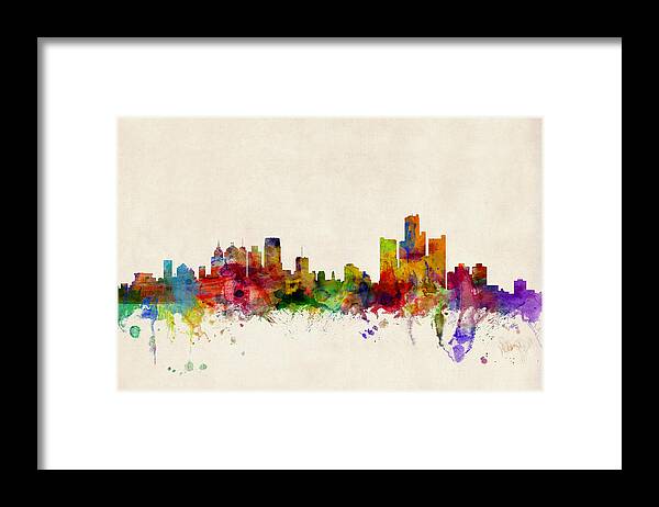 Watercolour Framed Print featuring the digital art Detroit Michigan Skyline by Michael Tompsett