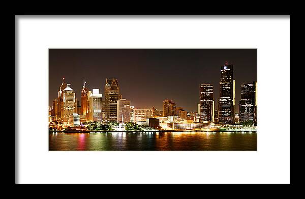 Detroit Framed Print featuring the photograph Detroit Skyline at Night-Color by Levin Rodriguez