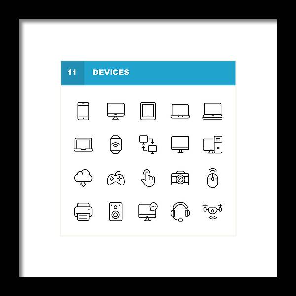 Internet Framed Print featuring the drawing Devices Line Icons. Editable Stroke. Pixel Perfect. For Mobile and Web. Contains such icons as Smartphone, Printer, Smart Watch, Gaming, Drone. by Rambo182