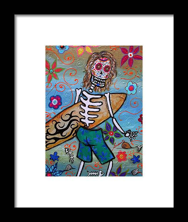 Surfing Framed Print featuring the painting Dia De Los Muertos Surfer by Pristine Cartera Turkus